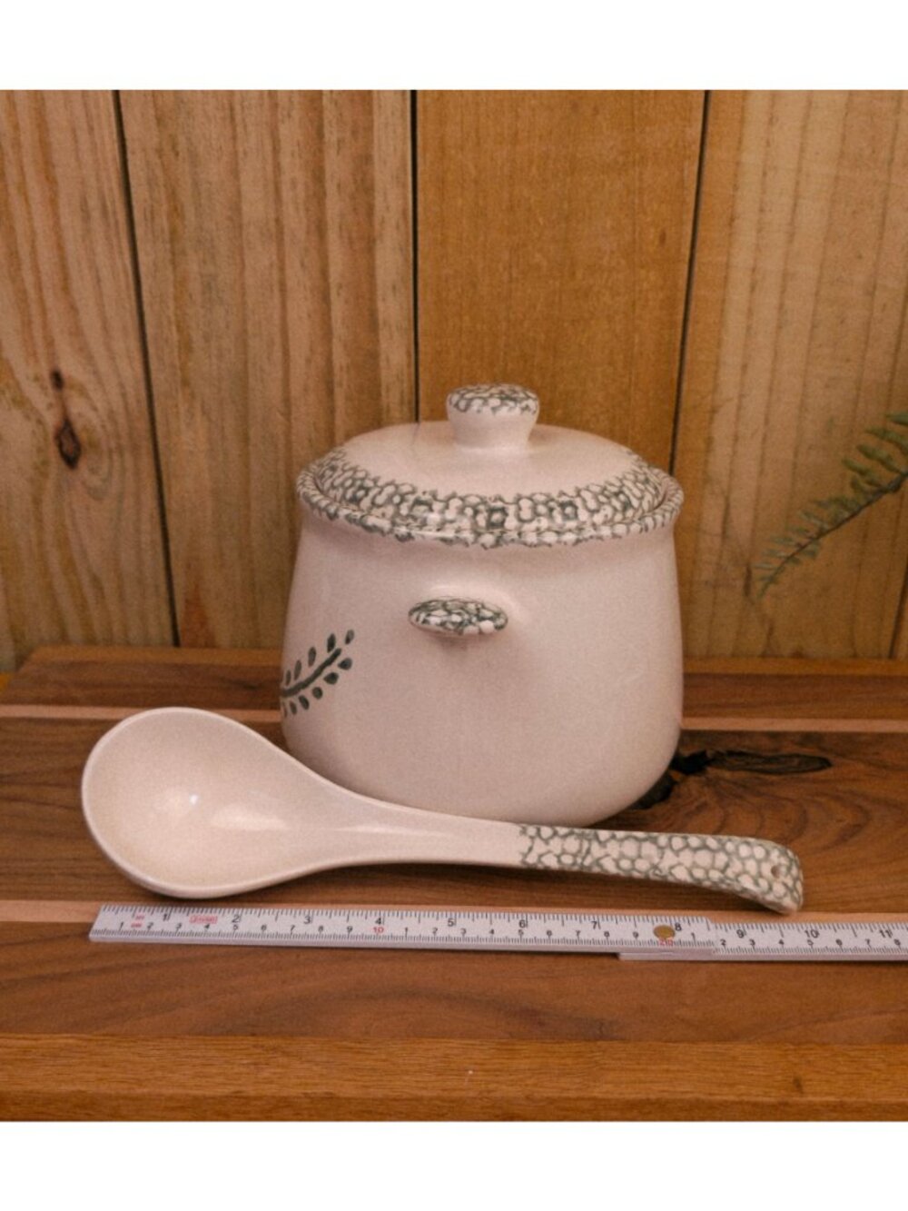 Vintage Corelle Stoneware Green Heart Covered Soup Tureen Been Pot with Ladle - Picture 9 of 11